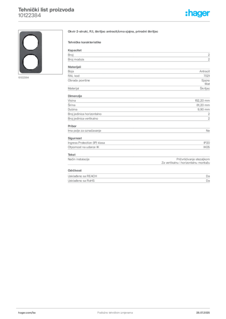Slika Hager Product data sheet 10122384  | Hager
