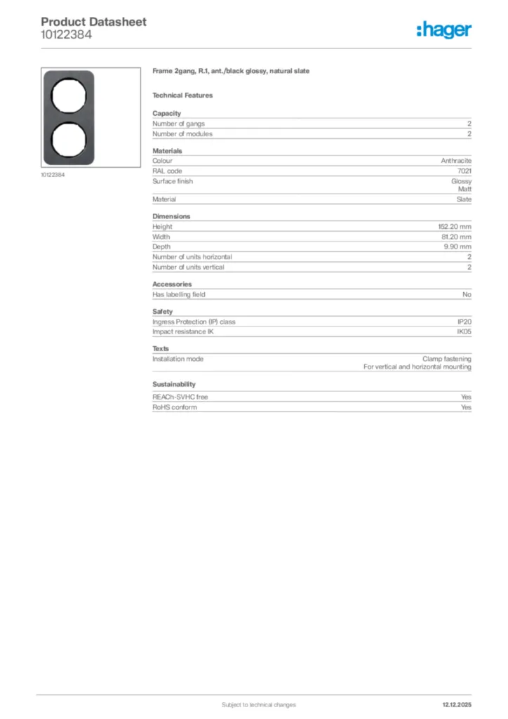 Image Hager Product data sheet 10122384  | Hager