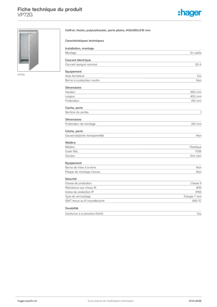 Image Hager Fiche technique du produit VP72G | Hager Suisse