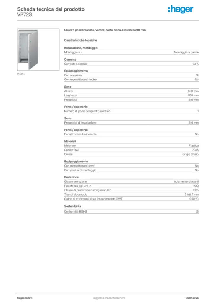 Immagine Hager Scheda tecnica del prodotto VP72G | Hager Italia