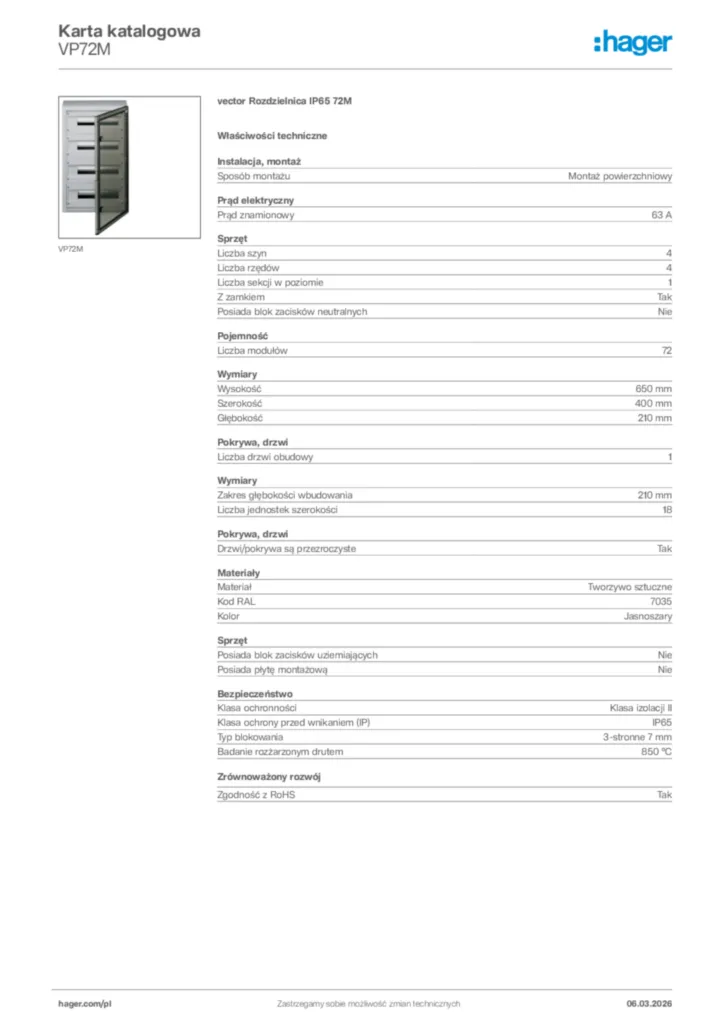 Zdjęcie Hager Karta katalogowa VP72M | Hager Polska