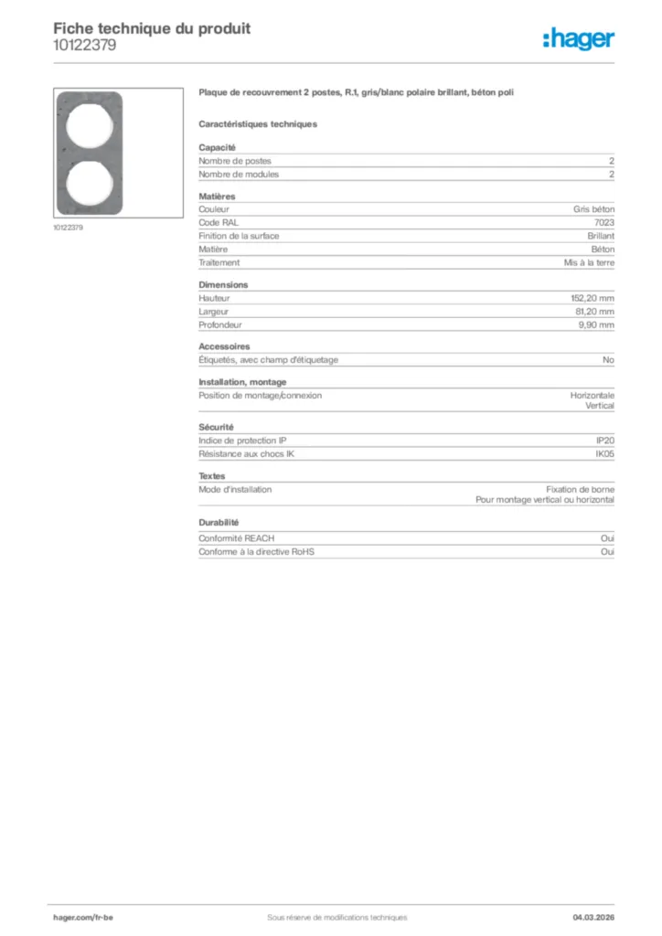 Image Hager Fiche technique du produit 10122379 | Hager Belgique