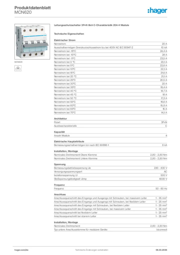 Bild Hager Produktdatenblatt MCN620 | Hager Deutschland