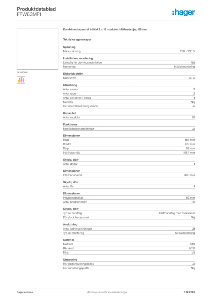 Bild Hager Produktdatablad FFW63MF1 | Hager Sverige