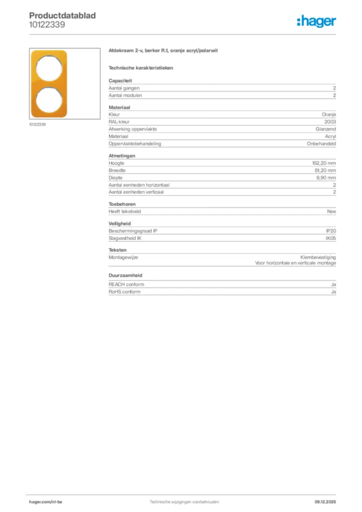 Afbeelding Hager Productdatablad 10122339 | Hager Belgium