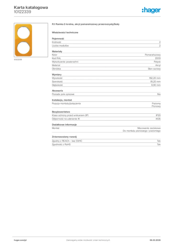 Zdjęcie Hager Karta katalogowa 10122339 | Hager Polska