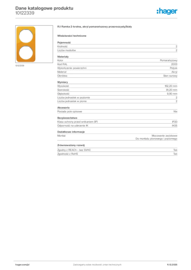 Zdjęcie Hager Dane katalogowe produktu 10122339 | Hager Polska