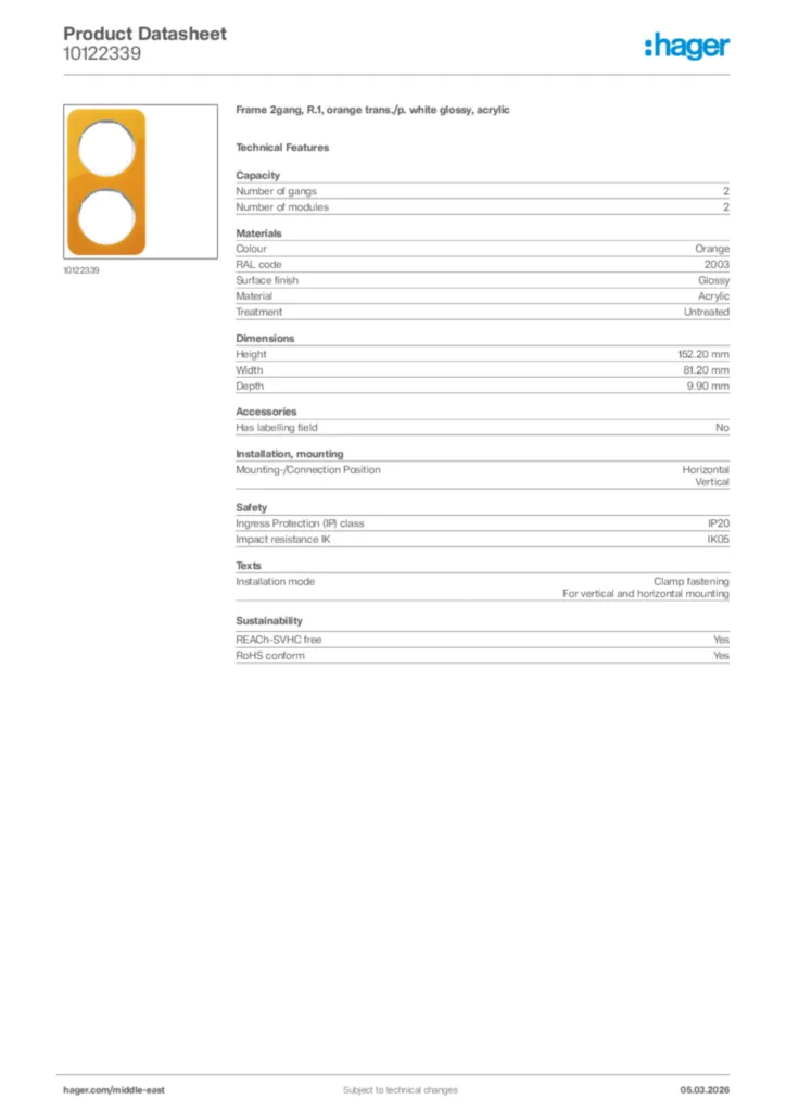 Image Hager Product data sheet 10122339  | Hager