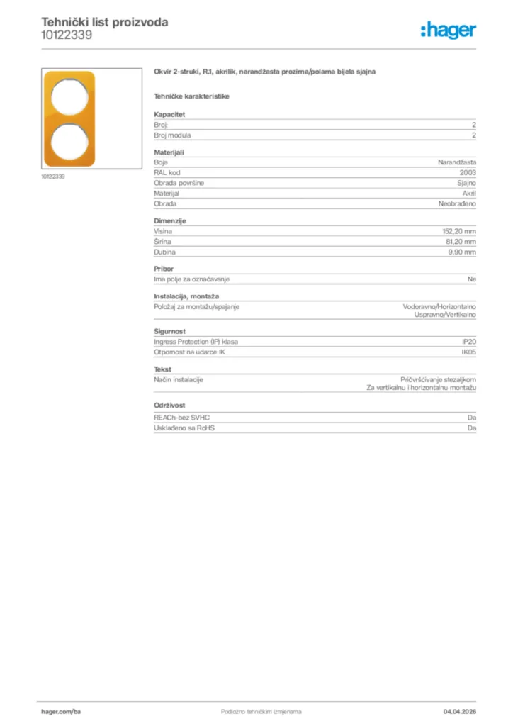Slika Hager Tehnički list proizvoda 10122339  | Hager
