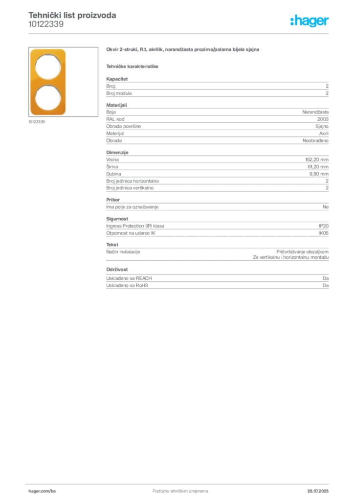 Slika Hager Product data sheet 10122339  | Hager