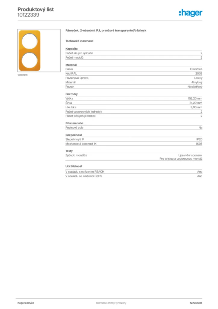 Obrázek Hager Produktový list 10122339 | Hager