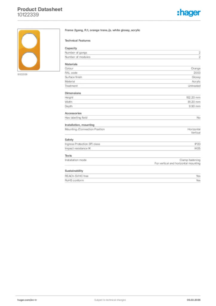 Image Hager Product data sheet 10122339  | Hager
