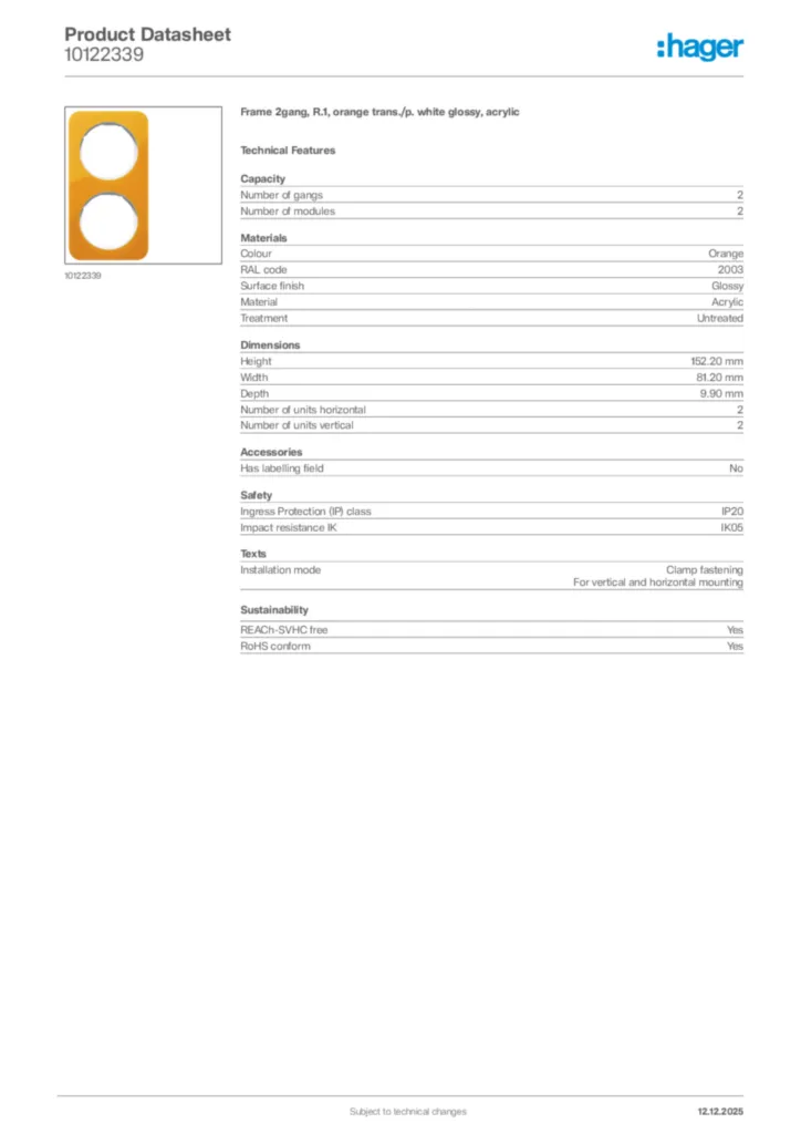 Image Hager Product data sheet 10122339  | Hager