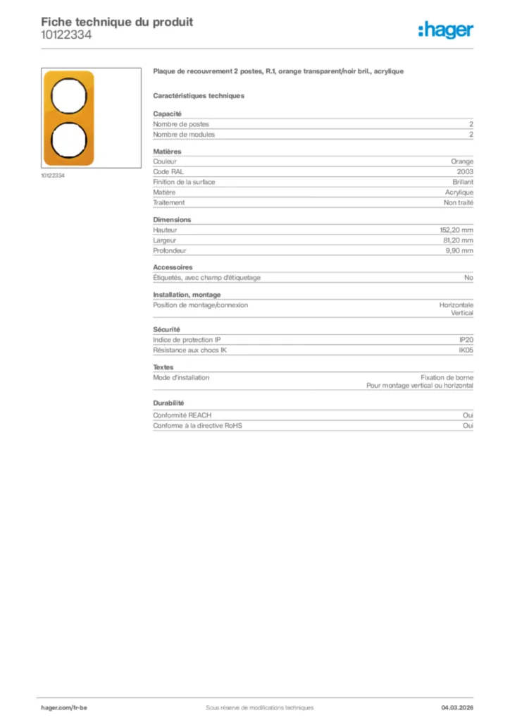 Image Hager Fiche technique du produit 10122334 | Hager Belgique