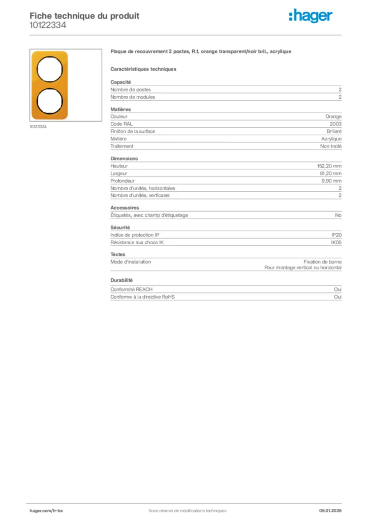 Image Hager Fiche technique du produit 10122334 | Hager Belgique