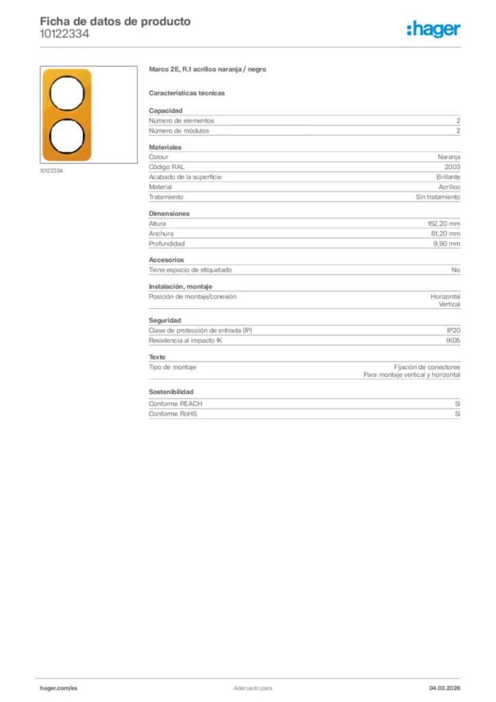 Imagen Hager Ficha de datos de producto 10122334 | Hager España