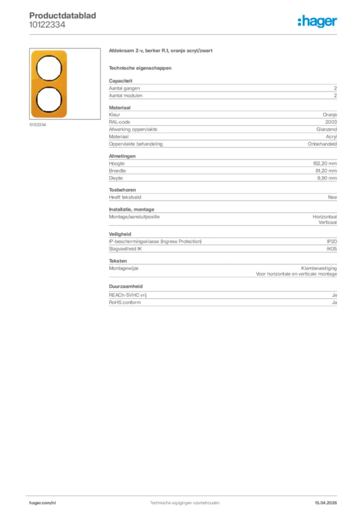 Afbeelding Hager Productdatablad 10122334 | Hager Nederland