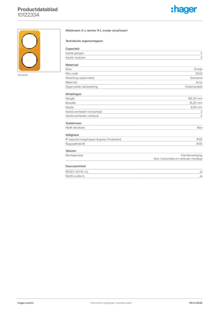 Afbeelding Hager Productdatablad 10122334 | Hager Nederland