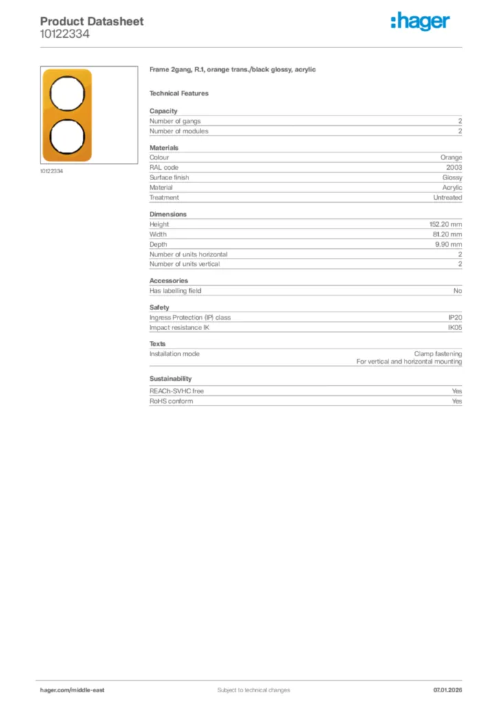 Image Hager Product data sheet 10122334  | Hager