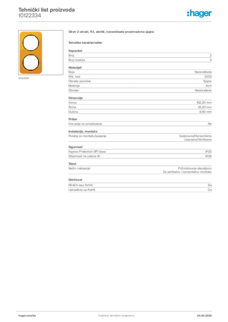 Slika Hager Tehnički list proizvoda 10122334  | Hager