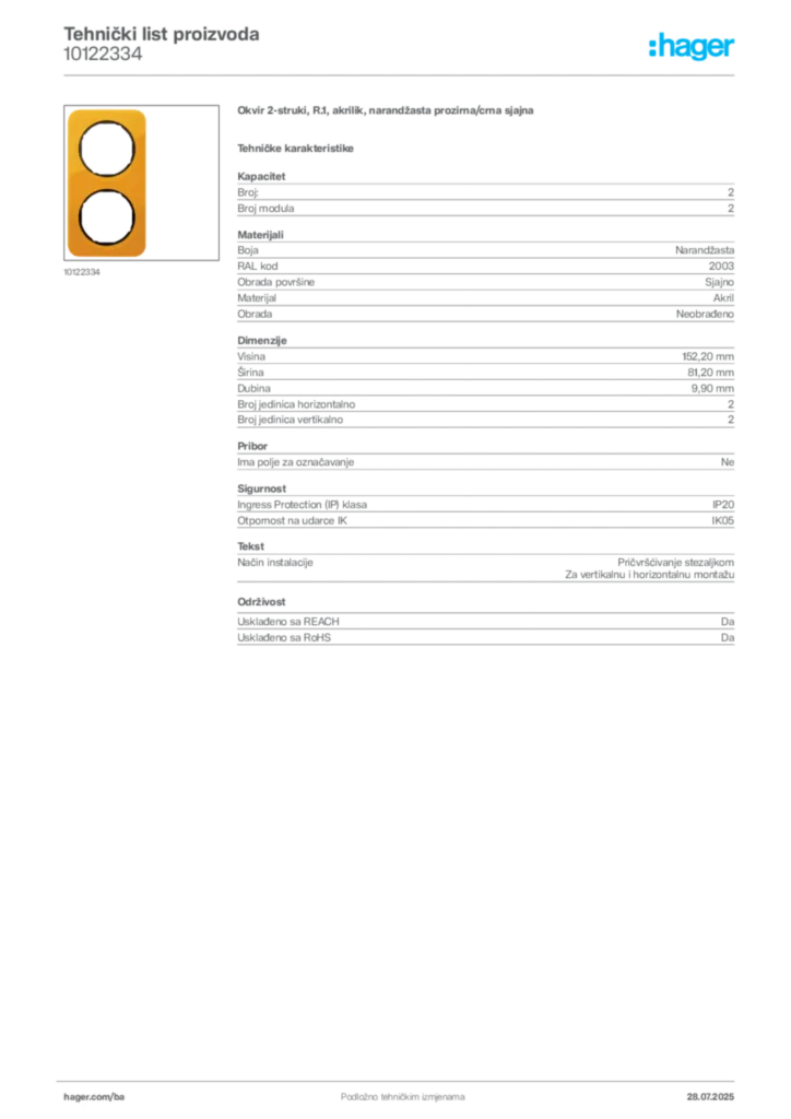 Slika Hager Product data sheet 10122334  | Hager