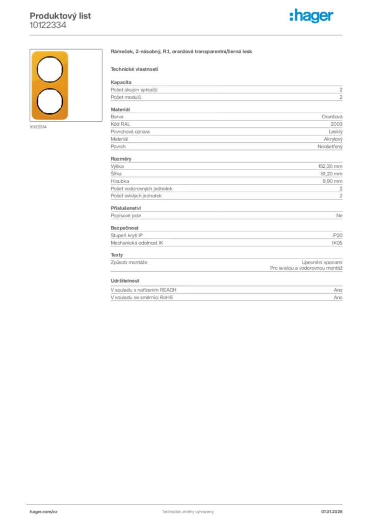 Obrázek Hager Product data sheet 10122334 | Hager