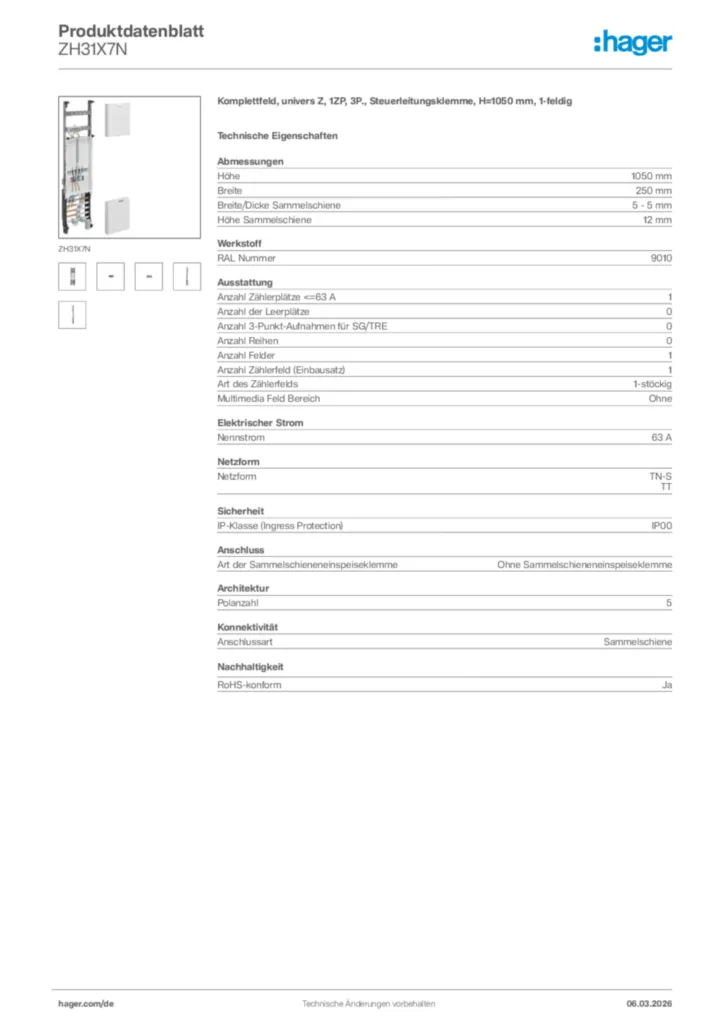 Bild Hager Produktdatenblatt ZH31X7N | Hager Deutschland