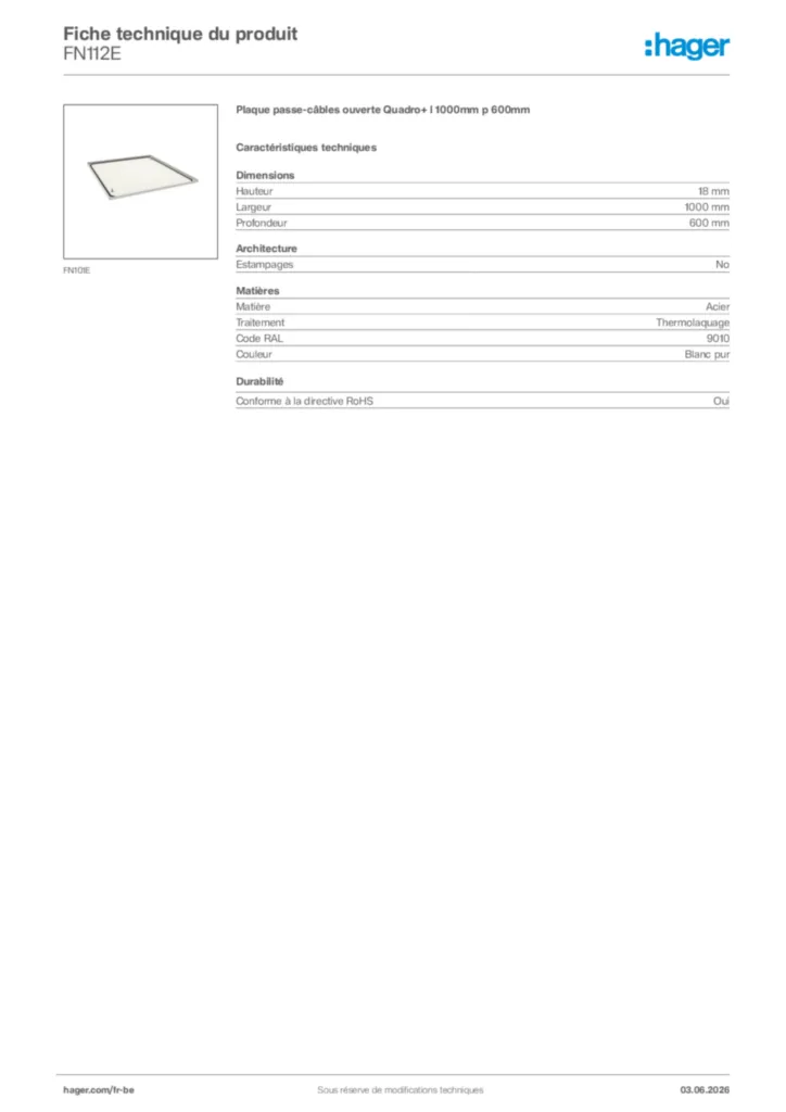 Image Hager Fiche technique du produit FN112E | Hager Belgique