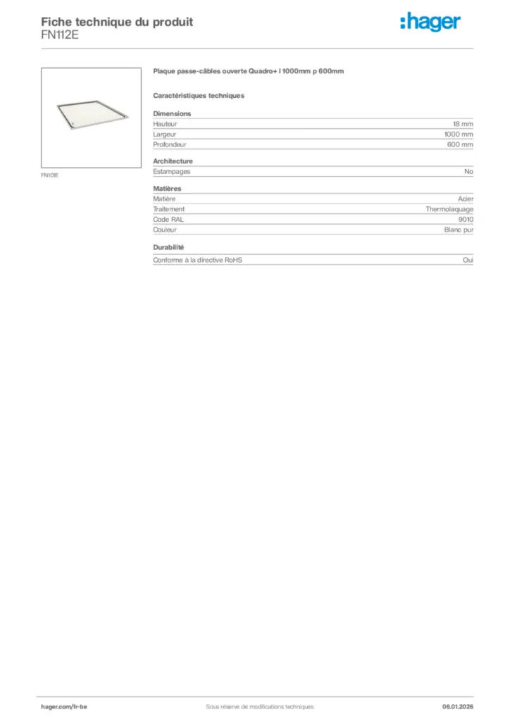 Image Hager Fiche technique du produit FN112E | Hager Belgique