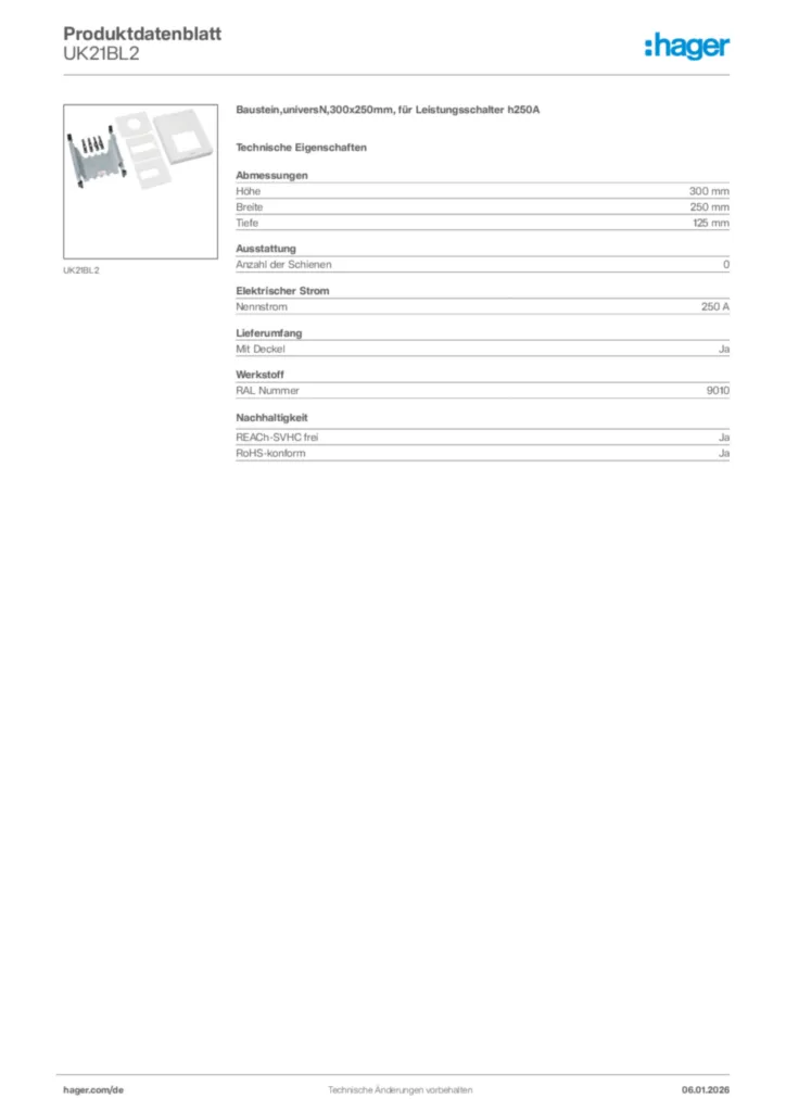 Bild Hager Produktdatenblatt UK21BL2 | Hager Deutschland