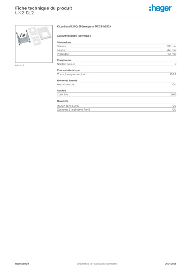 Image Hager Fiche technique du produit UK21BL2 | Hager France