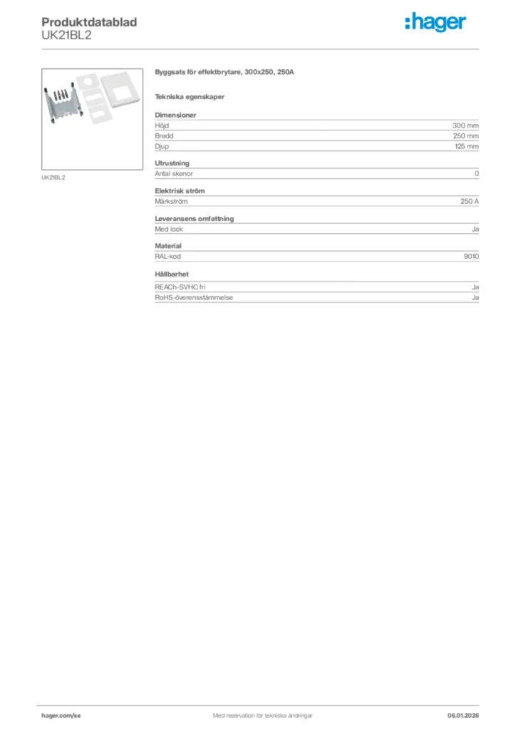 Bild Hager Produktdatablad UK21BL2 | Hager Sverige