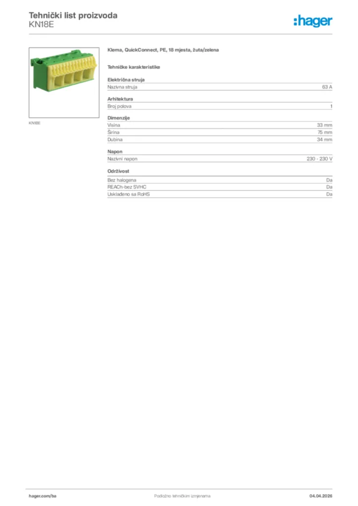 Slika Hager Tehnički list proizvoda KN18E  | Hager