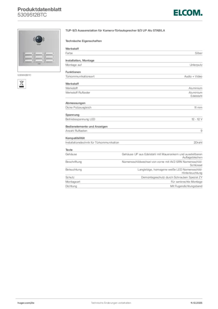 Bild Elcom Produktdatenblatt 5309512BTC | Hager Deutschland