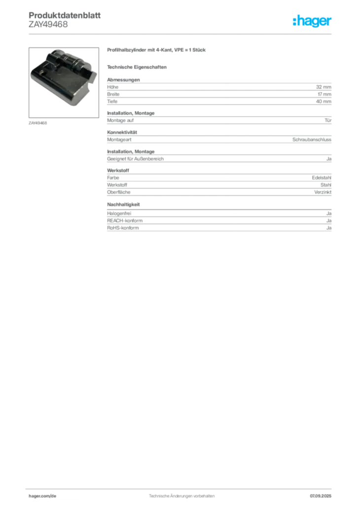 Bild Hager Produktdatenblatt ZAY49468 | Hager Deutschland