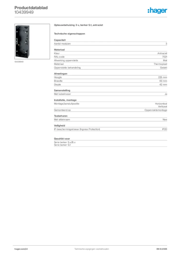 Afbeelding Hager Productdatablad 10439949 | Hager Nederland