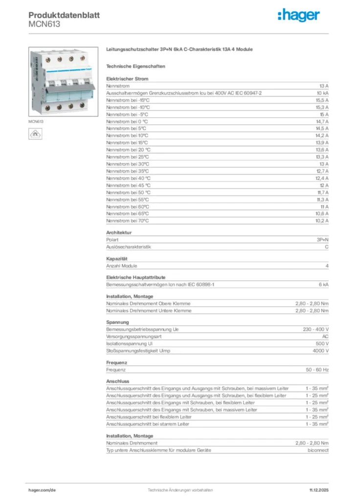 Bild Hager Produktdatenblatt MCN613 | Hager Deutschland