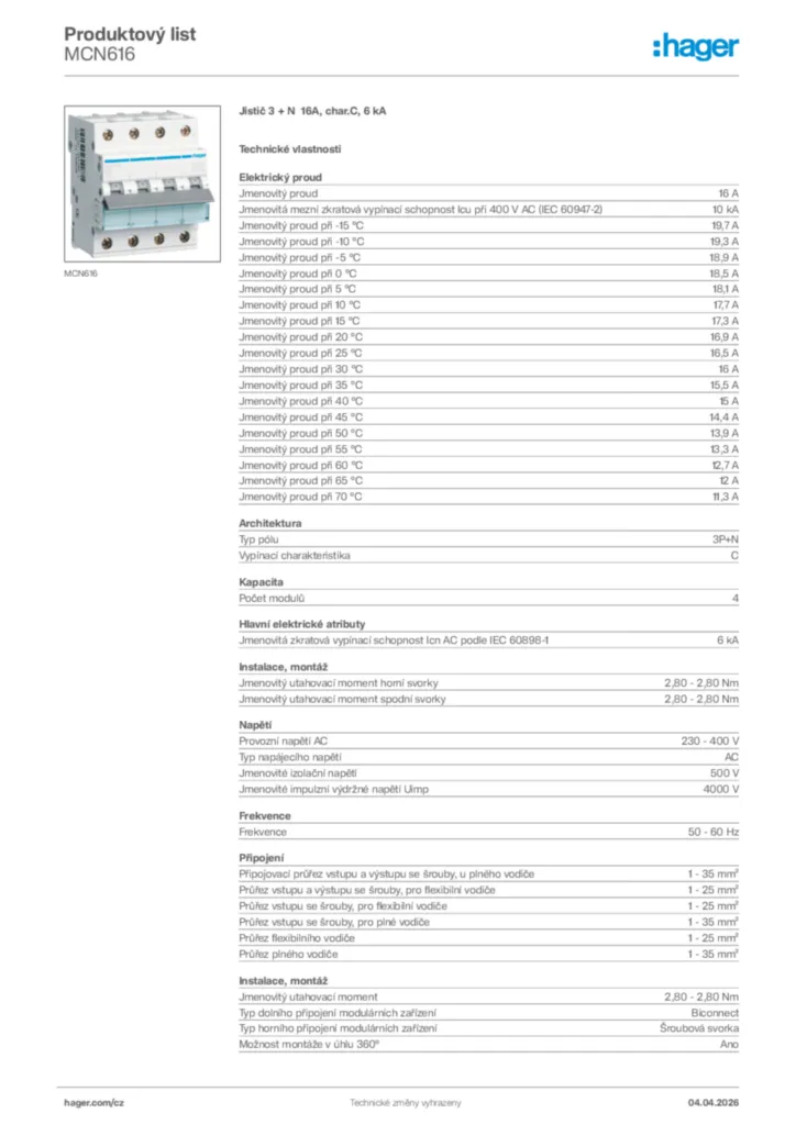 Obrázek Hager Product data sheet MCN616 | Hager