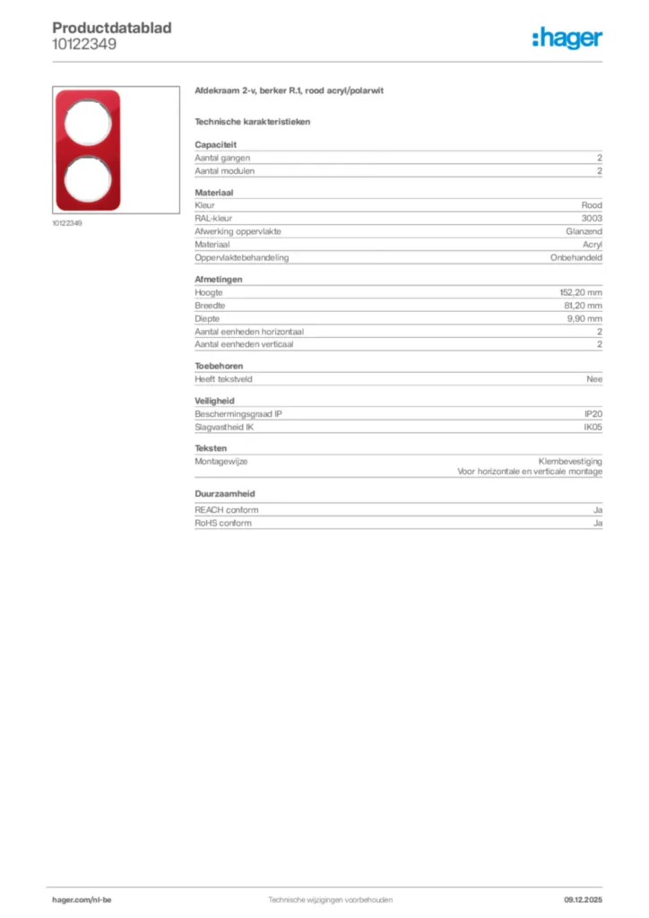 Afbeelding Hager Productdatablad 10122349 | Hager Belgium