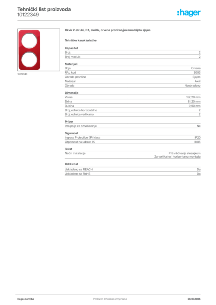 Slika Hager Product data sheet 10122349  | Hager