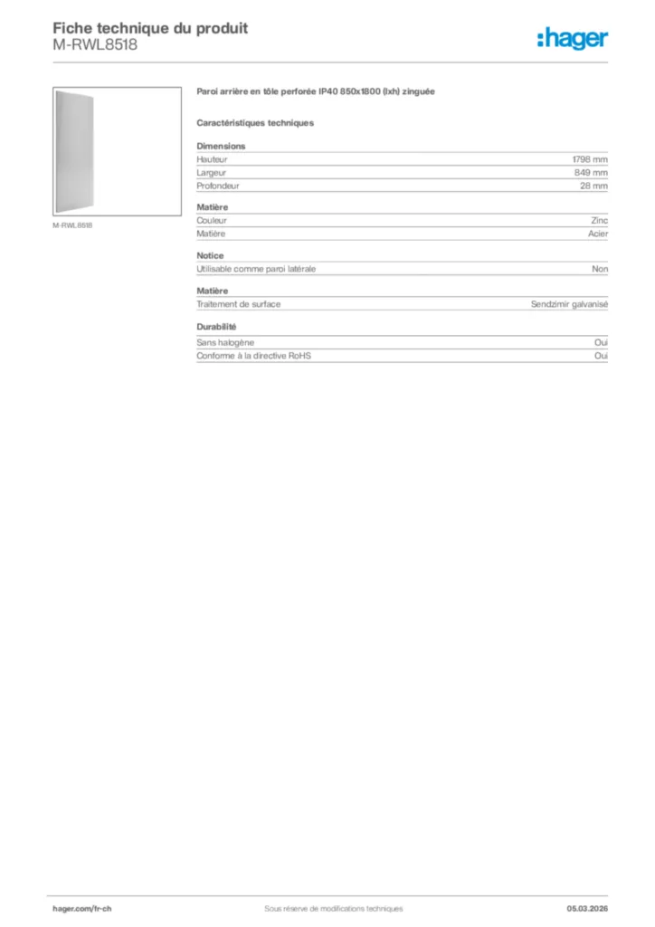 Image Hager Fiche technique du produit M-RWL8518 | Hager Suisse