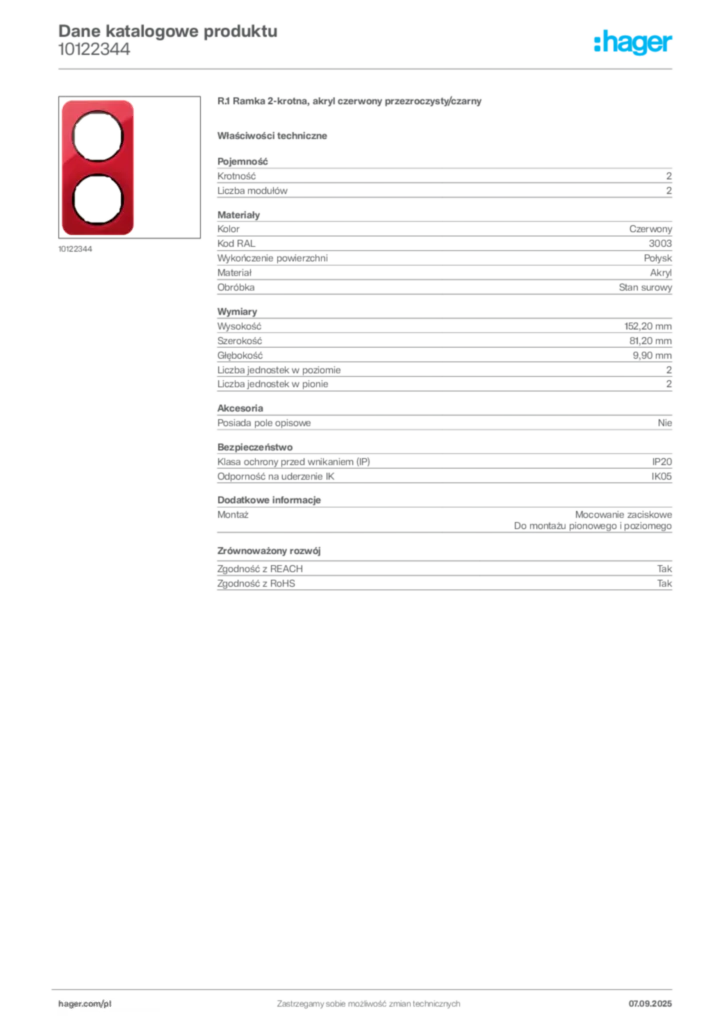 Zdjęcie Hager Dane katalogowe produktu 10122344 | Hager Polska