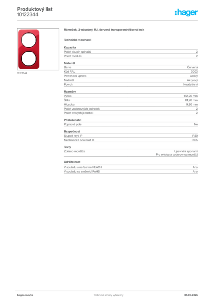 Obrázek Hager Produktový list 10122344 | Hager