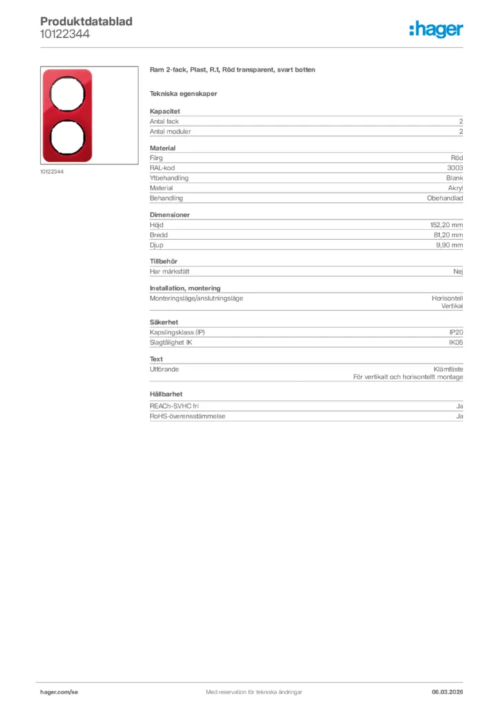 Bild Hager Produktdatablad 10122344 | Hager Sverige