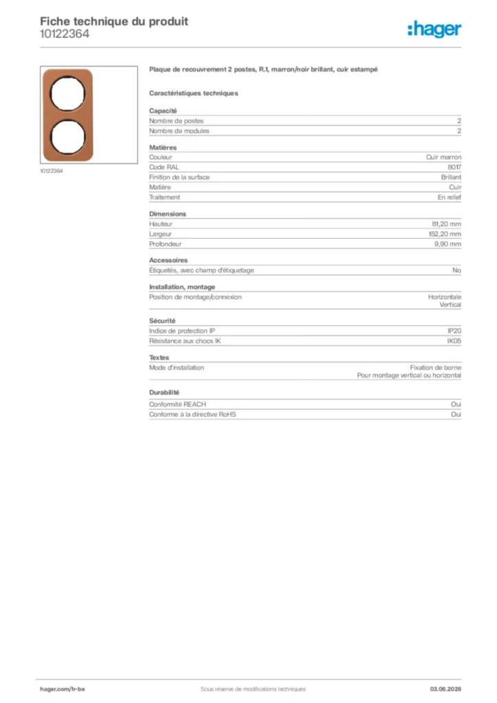Image Hager Fiche technique du produit 10122364 | Hager Belgique