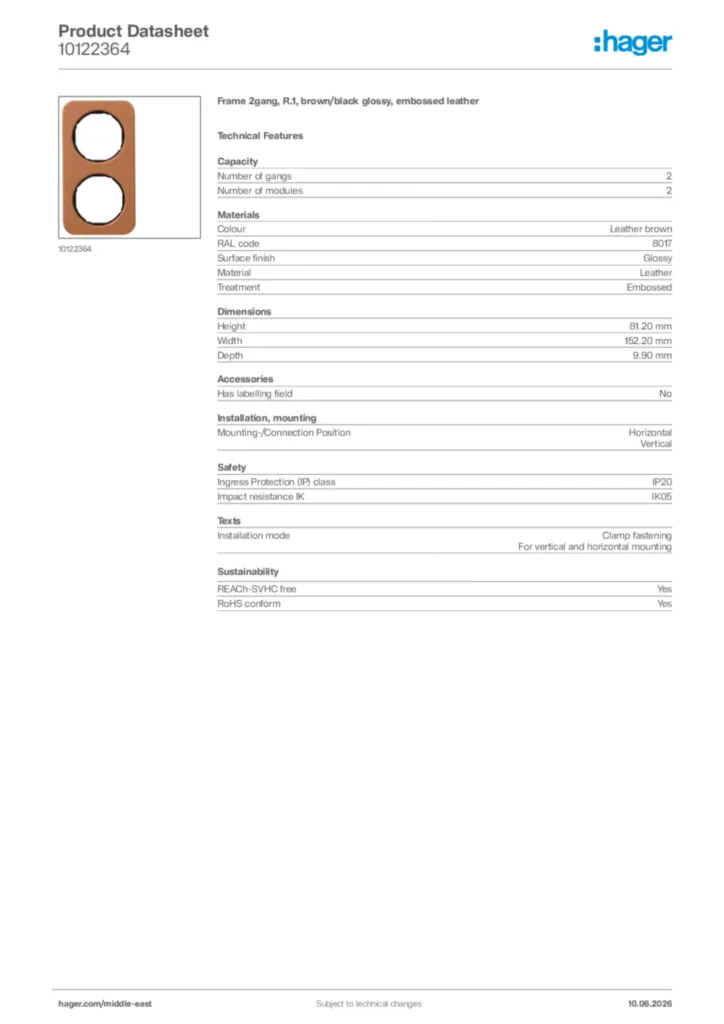 Image Hager Product data sheet 10122364  | Hager