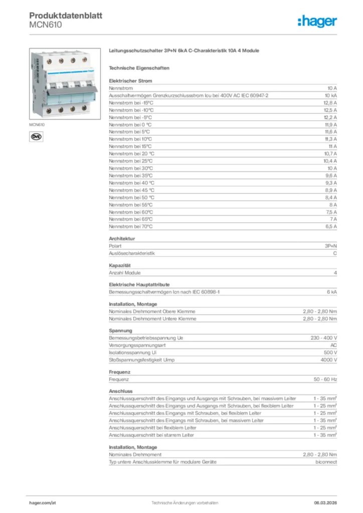 Bild Hager Produktdatenblatt MCN610 | Hager Deutschland