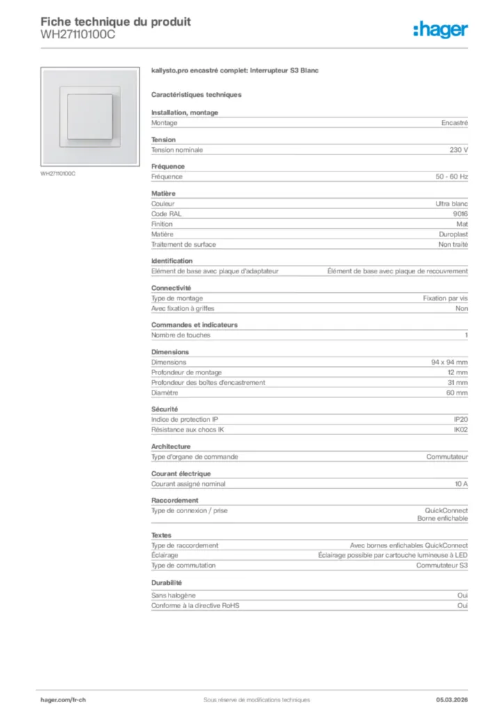 Image Hager Fiche technique du produit WH27110100C | Hager Suisse