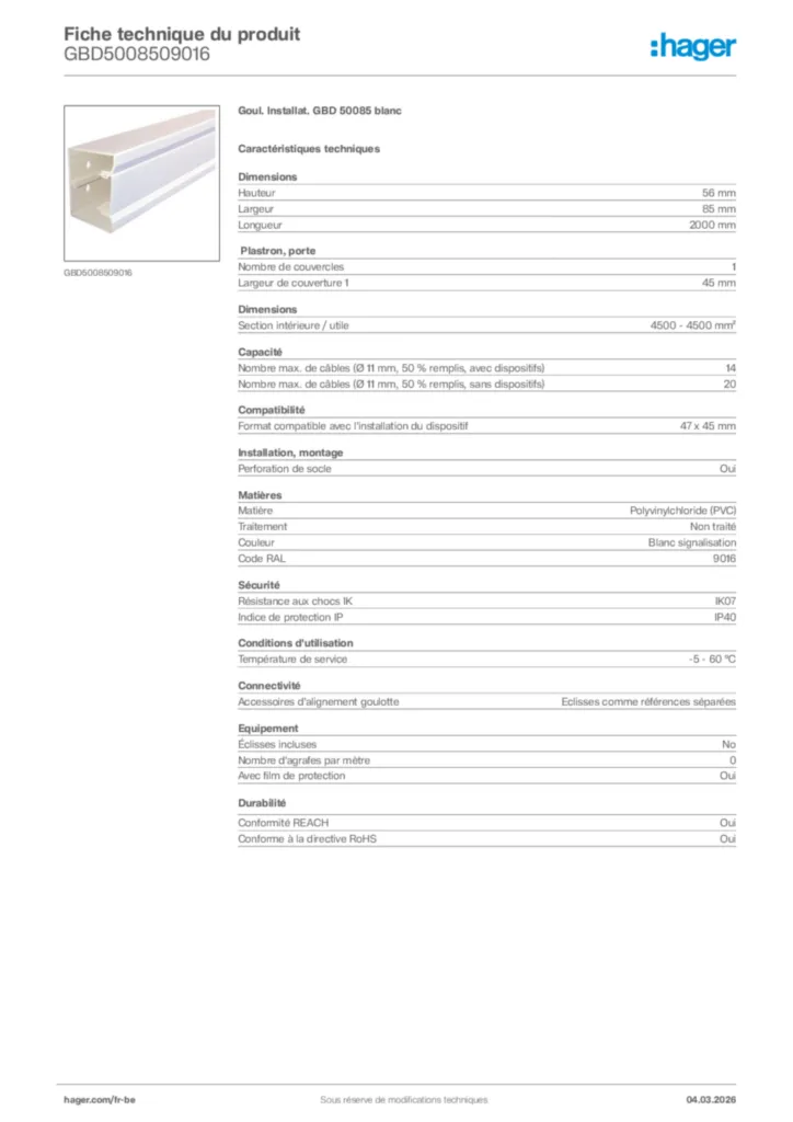 Image Hager Fiche technique du produit GBD5008509016 | Hager Belgique