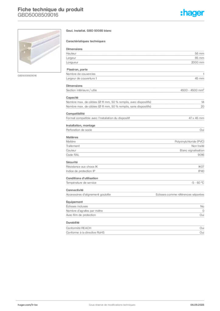 Image Hager Fiche technique du produit GBD5008509016 | Hager Belgique